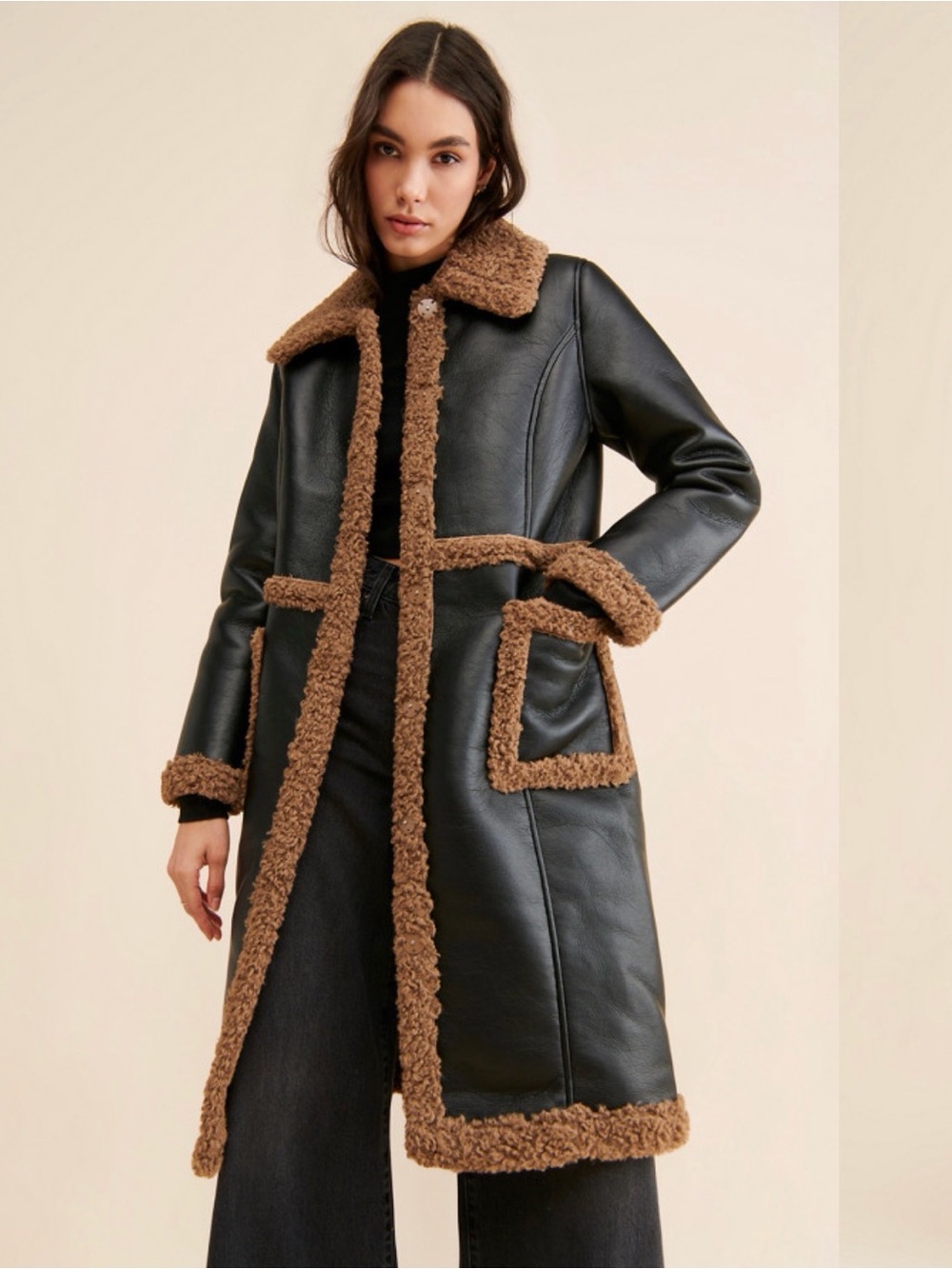 Badgley Mischka Black Coat with Brown Shearling Trim (never worn)